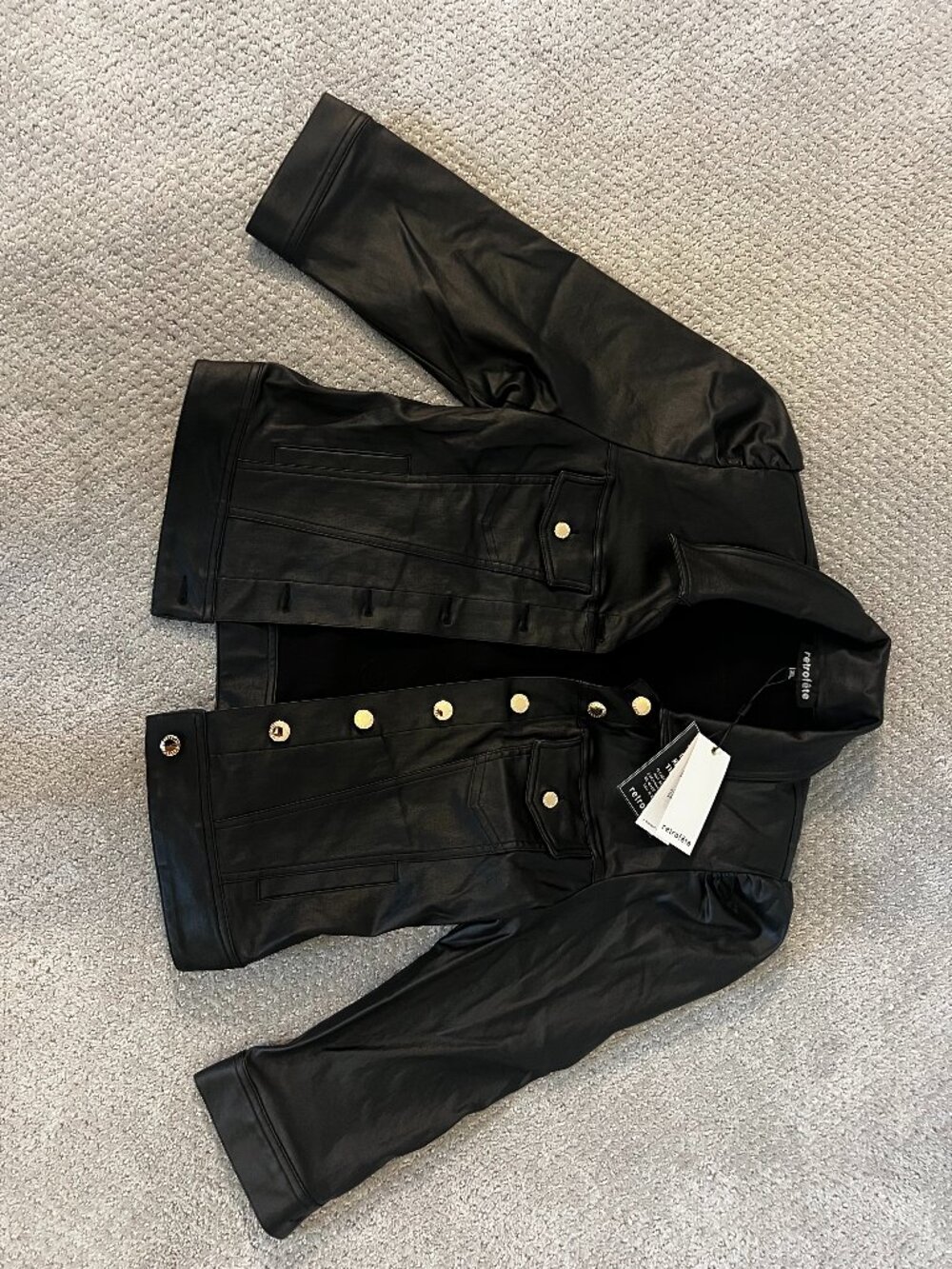 Retrofête Ada Black Vegan Leather Jacket Gold Buttons XL NWT